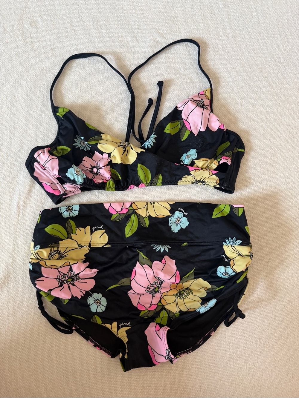 PINK Victoria's Secret Black Floral Two-Piece Bikini with Pink & Yellow Flowers